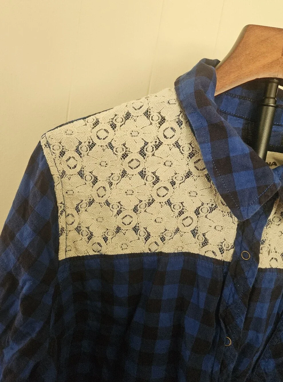 Arizona Blue Plaid Lace Yoke Button-Front Shirt Size XXL